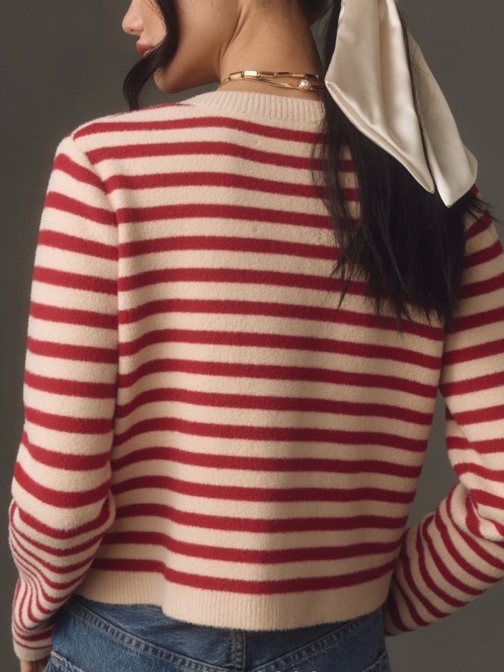 Anthropologie NVLT | Red Cream Striped Lady Jacket Cardigan Sweater ~ Medium - Picture 3 of 10